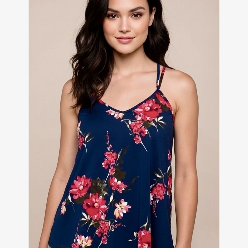 New Women’s Papermoon Navy Floral Strappy Sleeveless Tank Top Cami Size 1X